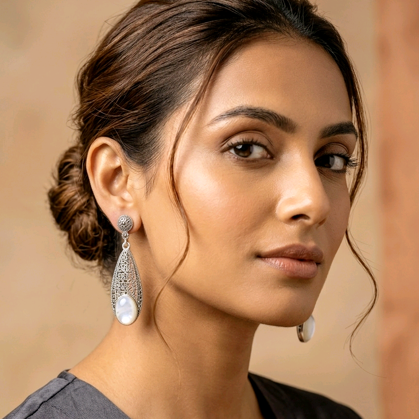 Filigree Marcasite Moonstone Drop Earrings